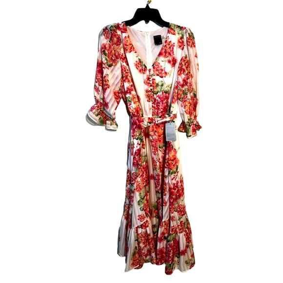 Gabby Skye Floral Magenta V-Neck Front Button Chiffon Maxi Dress 8 Fit Flare NEW - Picture 1 of 13